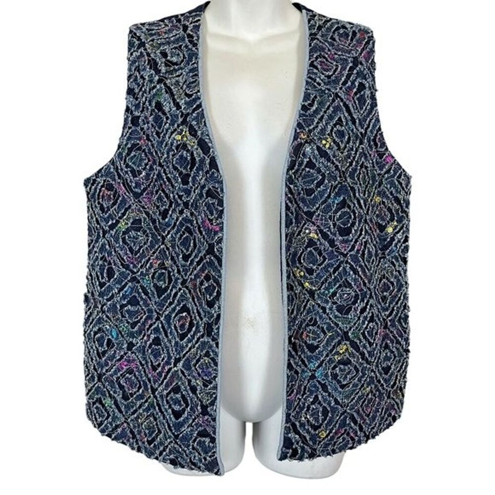 Valkyrie Design Womens Denim Art to Wear Open Embroidered Vest Colorful sz M